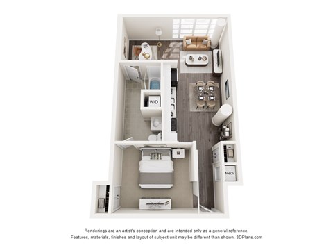 Floor plan for 1 bed, 1 bath, 689 sqft